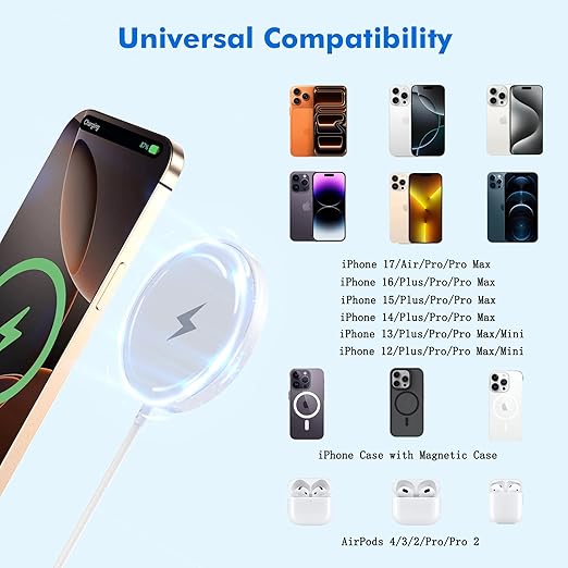Magnetic Wireless Charger,[Apple MFi Certified]iPhone Charger Apple Mag-Safe Charger with 15W 3.3FT iPhone Fast Magnetic Charging Pad for iPhone 17 Pro Max/17 Air/16 Pro/16/15 Pro Max/14/13/12/AirPods