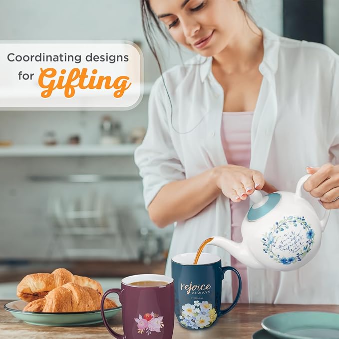 Christian Art Gifts Women's Ceramic Floral Teapot: Sweet Friendship - Proverbs 27:9 Inspirational Bible Verse w/Gift Box, Lead/Cadmium-free, Microwave, Dishwasher & Freezer Safe, Blue Wreath, 30 oz.