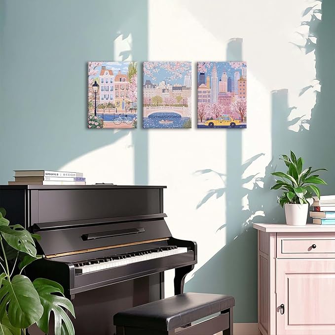 XLARTMY Watercolor City Landscape Travel Wall Art Canvas Framed Pink Cherry Flower Poster Girly Prints Painting Pictures Set of 3 for Bedroom Living Room Office 12x16in