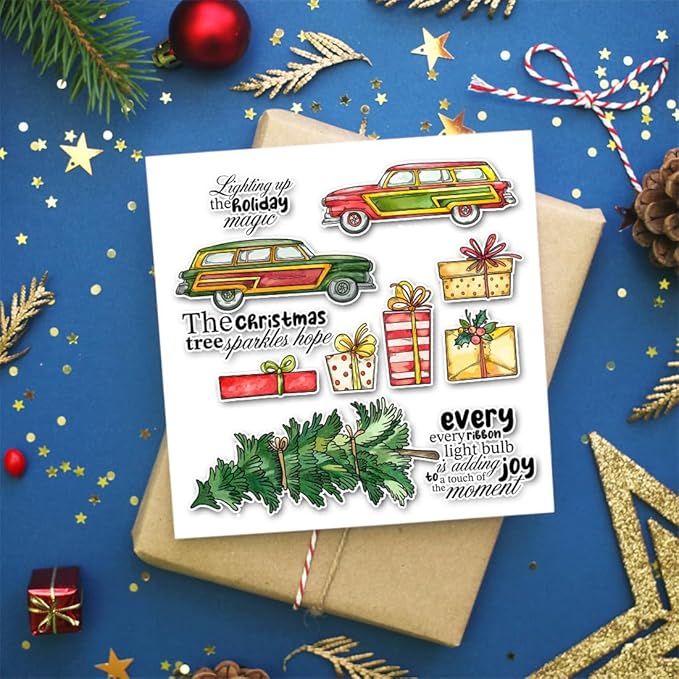 Car Christmas Tree Box Stamps and Cutting Dies for Card Making DIY Transparent Silicone Clear Stamp and Metal Die Cuts Sets for Scrapbooking Paper Greeting Cards Decor Seals Craft Supplies