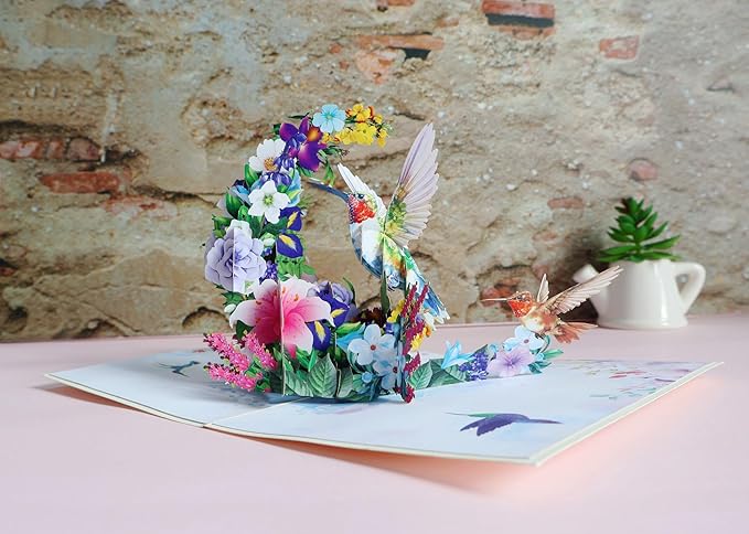 Hummingbird Pop Up Card – Handmade 3D Flower Birthday Card for Mom or Women – Encouragement or Thinking of You Greeting Card
