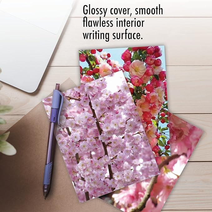 The Best Card Company - 10 Blank Note Cards with Flowers (4 x 5.12 Inch) - Floral Notecards, All Occasion Boxed Assortment - Cherry Blossoms AM6861OCB-B1x10