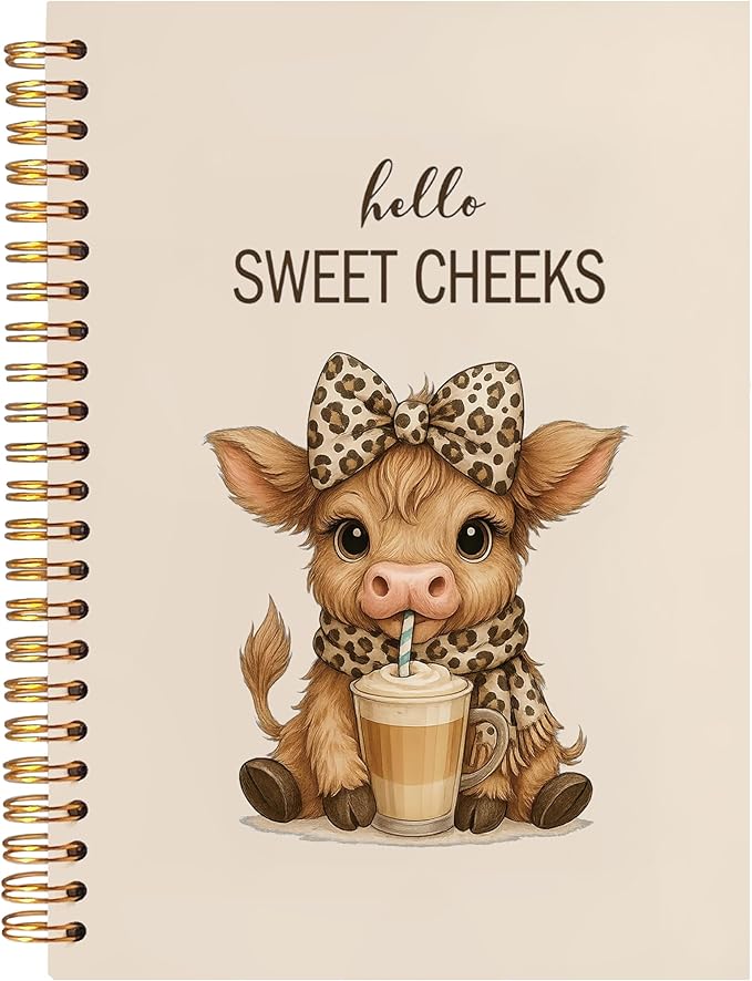 Hello Sweet Cheeks Highland Cow Notebook, Coquette Preppy Leopard Bow Cow Journal, Highland Cows Gifts Spiral Notebook Journal for Note Taking, Cows Office Supplies, 5.5x8.3 Inch