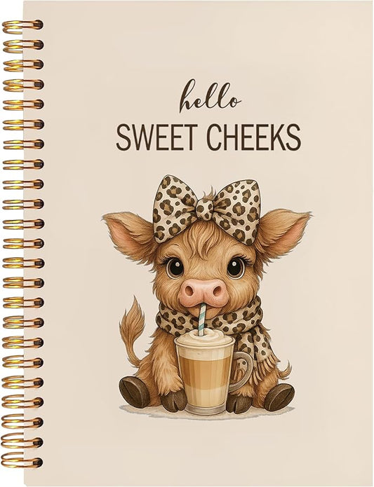 Hello Sweet Cheeks Highland Cow Notebook, Coquette Preppy Leopard Bow Cow Journal, Highland Cows Gifts Spiral Notebook Journal for Note Taking, Cows Office Supplies, 5.5x8.3 Inch
