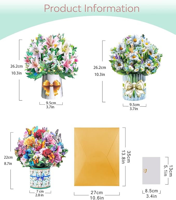 3D Pop Up Flower Bouquet Cards with 3 Envelopes & Blank Notecards, Featuring Multicolor Roses & Butterflies, White Daisies & Lavender, Pink & White Lilies for Birthday, Mother's Day, Get Well, Anniversary,All Occasions