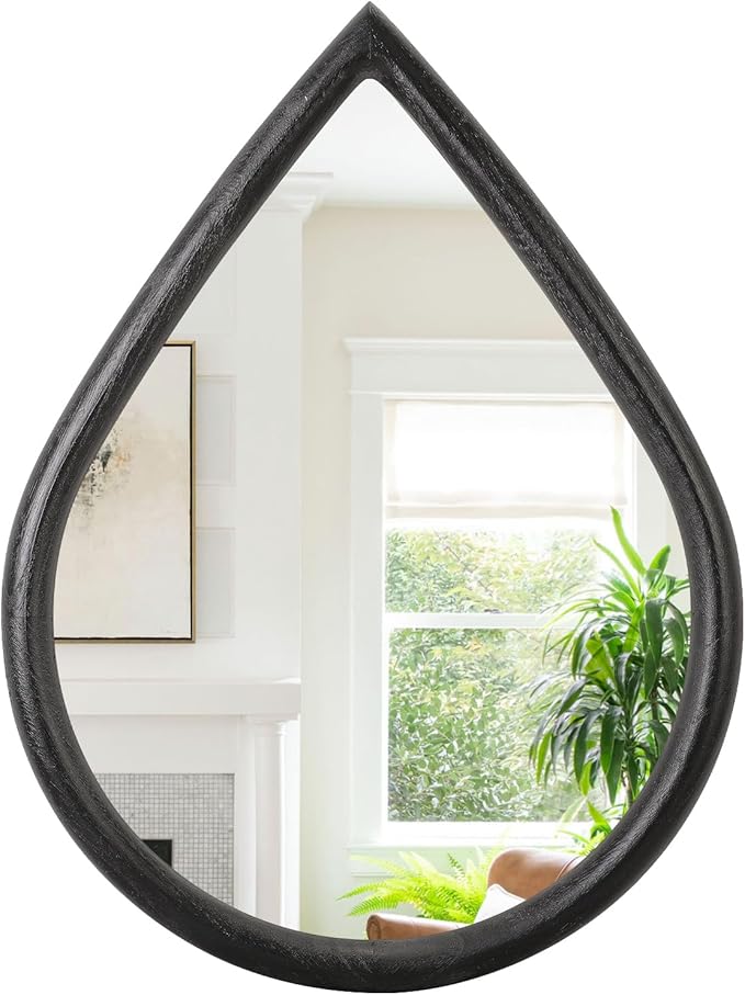 Teardrop Wall Mirror with Wood Frame Rustic Wall Mirror Black Farmhouse Unique Irregular Wall Hanging Mirrors for Bathroom Living Room Hallway Wall Decor