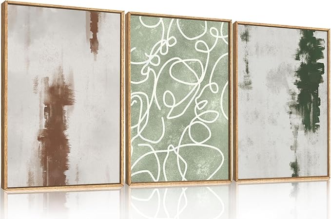 Large Abstract Green and Brown Framed Canvas Wall Art,Neutral Brush Stroke Wall Decor,Modern Watercolor Line Artwork,Minimalist Geometric Art Print for Living Room,Bedroom,Office- 16"x24"x3