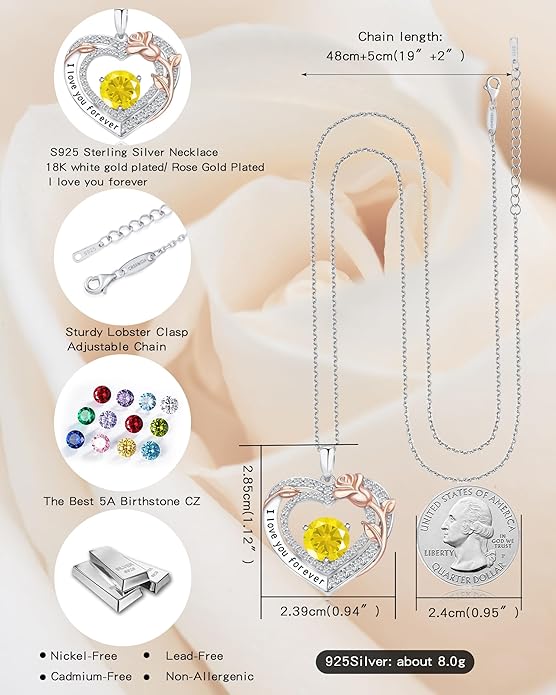 Women's Birthstone Necklace, Holiday Gift for Girlfriend, 925 Sterling Silver Heart Rose Necklace, Anniversary Birthday Gift for Wife, Daughter