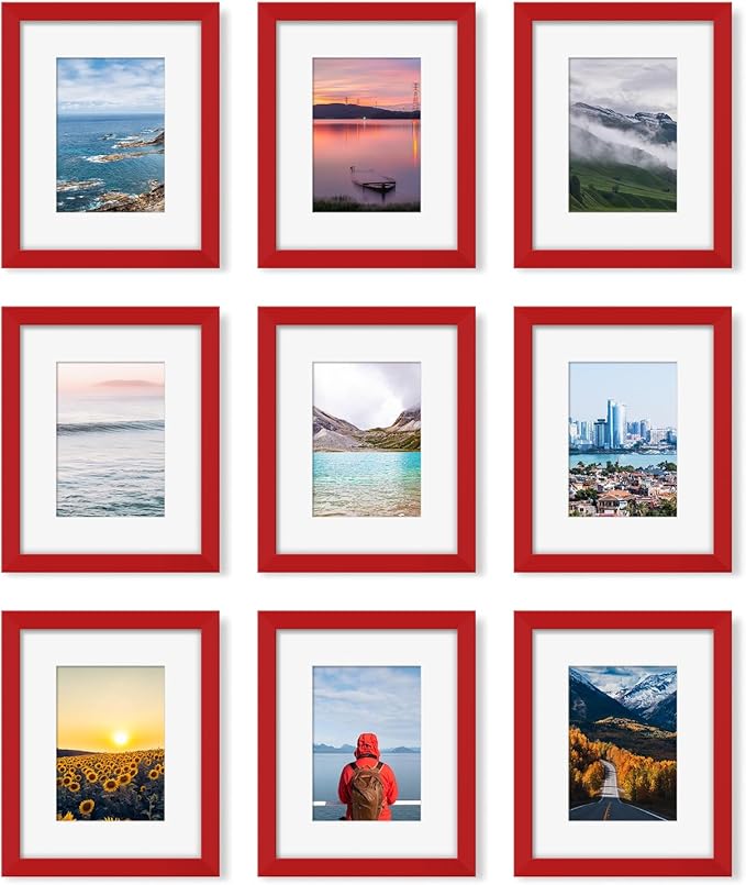 8x10 Picture Frame Set of 9, Display Pictures 5x7 with Mat or 8 x 10 Without Mat, Multi Photo Frames for Wall Mounting or Table Top Display, Red