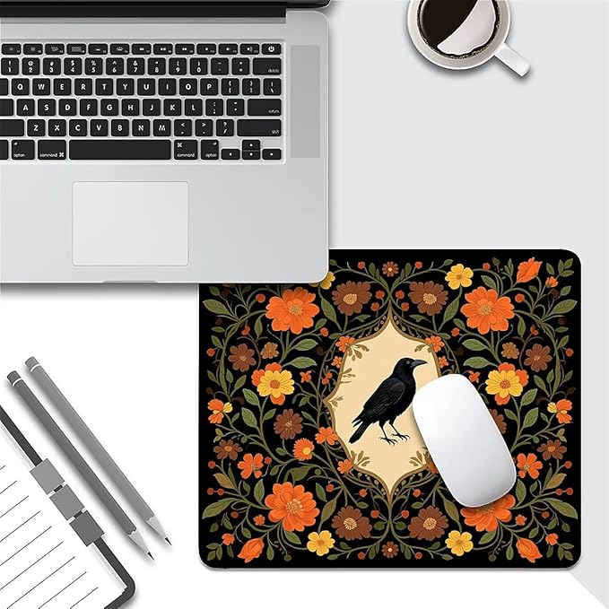Square Mouse Pad Crow Flower, Personalized Premium-Textured Custom Mouse Mat Design, Washable Mousepad Cloth, Non-Slip Rubber Base Computer Mouse Pads for Wireless Mouse