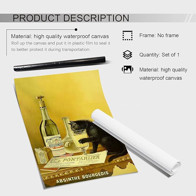 Black Cat Wall Art, Absinthe Print, Vintage Cat Alcohol Poster,Bar Wall Decor, Beverage Print Art, Large Art,Vintage Art For Bar,Vintage Bar Painting Print,Bar Cart Decor20x30Unframed