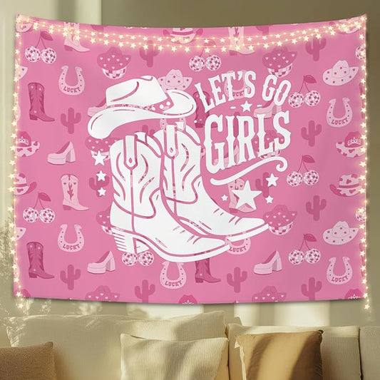 STHTTSW Pink Cowgirl Tapestry, Pink Coastal Let' s Go Girls Tapestries Wall Blanket, Preppy Girly Wall Hanging Decor for Teen Girl Women College Dorm Apartment Bedroom, 50x60 Inch