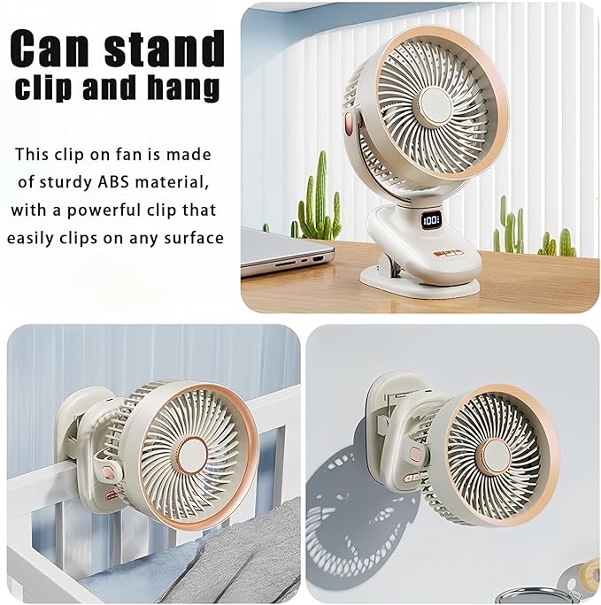 USB Rechargeable Small Desk Fan Quiet, Clip on Fan for Bed,Rotating Oscillating Table Fan for Bedroom,5 Speed Mini Table Fan for Office,Cooling Timer Fans with Lights, Outdoor Camping Fan