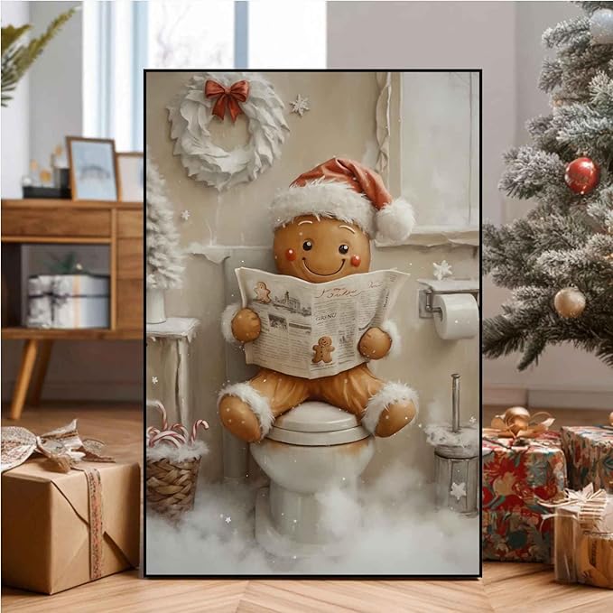 Christmas Bathroom Canvas Painting Gingerbread Man Holiday Print Santa Hat Cookie Character Wall Art Vintage Rural Art Winter print Indoor Decor for Bathroom Living Room Funny Framed Ready to Hang