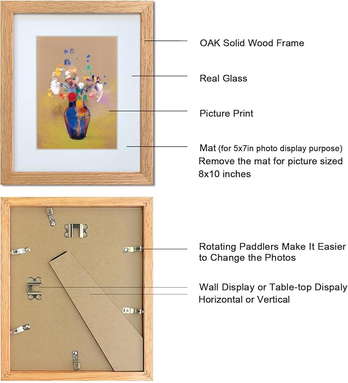 8x10 Picture Frame Set of 2 OAK Solid Wood with Real Glass for Pictures 5x7 with Mat or 8x10 Without Mat, Wall Mount or Tabletop Gallery Photo Frames(2 Pack, Oak)