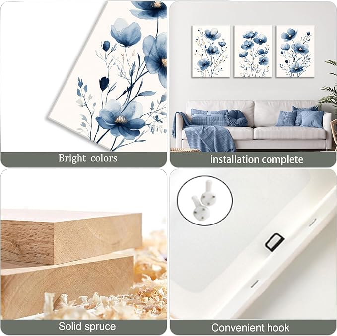 okudolit Navy Blue Wildflower Framed Canvas Wall Art Set Of 3 Flowers Pictures Prints Flowers Printing Floral Watercolors Flower wall Decor Living Room Bedroom Dinning Room Farmhouse Office-16 x24in