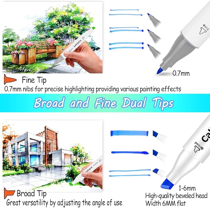 Caliart Alcohol Based Markers, 52 Colors Art Marker Set Fine & Chisel Dual Tip, Permanent Colored Pens for Adults Artists Coloring Book Illustration Sketch Lettering Drawing Cards Planner