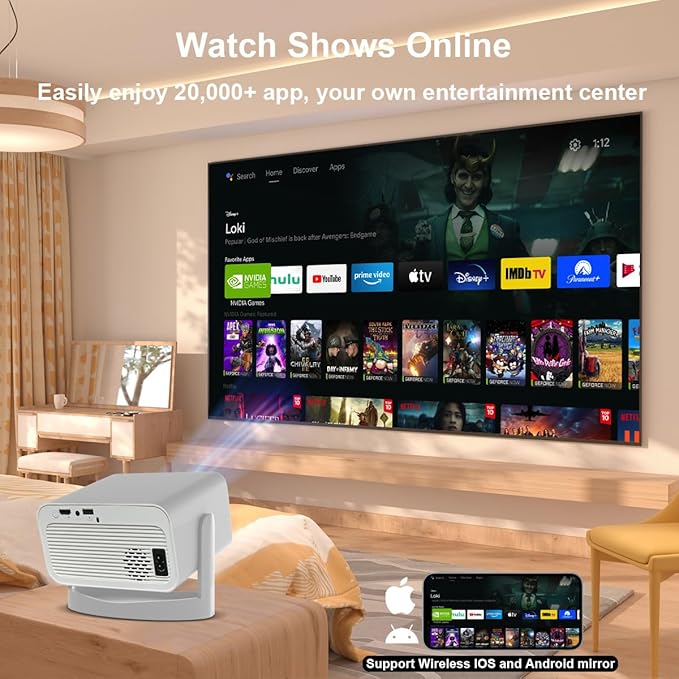 Smart Projector,Smart 4K Mini Projector with WiFi and bluetooth Android 13 1080P Support,Auto Keystone Correction,360° Rotating Adjustment,Compatible with Phone,TV Stick,HDMI,USB