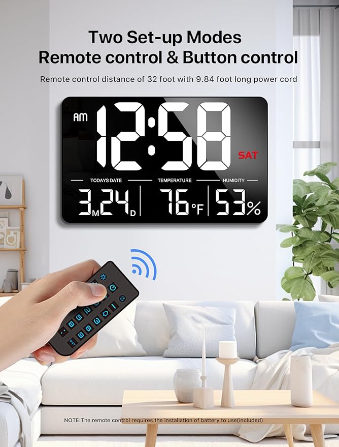 MASHI Digital Clock,13" Large Display Digital Wall Clock, Adjustable Brightness Calendar Clock with Day and Date,DST,Alarms,Humidity, Temperature for Desk, Wall Mounted, for Elderly