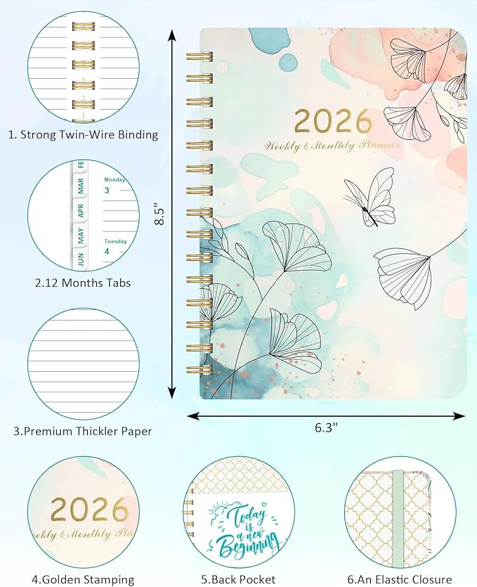 2026 Weekly and Monthly Planner - 2026 Hardcover Calendar Planner, Jan. 2026 - Dec. 2026, Daily Agenda Book with Tabs, Twin-Wire Binding, Back Pocket, School Teacher Student Supplies, A5(6.3" x 8.5") (Butterfly)