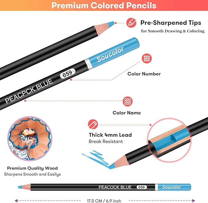 Soucolor 180-Color Artist Colored Pencils Set for Adult Coloring Books, Soft Core, Professional Numbered Art Drawing Pencils for Sketching Shading Blending Crafting, Gift Tin Box for Beginners Kids
