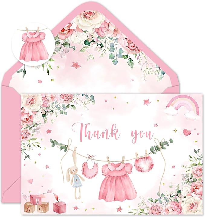 24 Pack Baby Shower Thank You Cards Pink Baby Cloth Floral Greeting Cards with Envelopes Stickers Blank Note Cards for Girl Birthday Baby Shower, 4 x 6 Inch