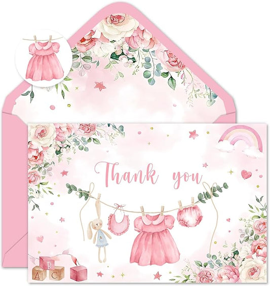 24 Pack Baby Shower Thank You Cards Pink Baby Cloth Floral Greeting Cards with Envelopes Stickers Blank Note Cards for Girl Birthday Baby Shower, 4 x 6 Inch