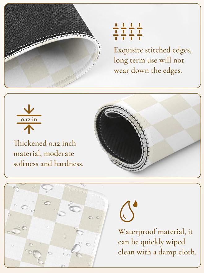 Cute Beige White Mouse Pad,Retro Checkered Pattern Mousepad,Square Aesthetic Plaid Waterproof Grid Mouse Mat Design, Non-Slip Rubber Base Computer Funny Boho Small Mouse Pads
