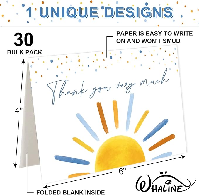 Whaline 30 Packs Baby Shower Thank You Cards Boho Sun Greeting Cards Blue Sunshine Blank Note Card with Envelopes and Stickers for Birthday Holiday Baby Shower, 4 x 6 Inch