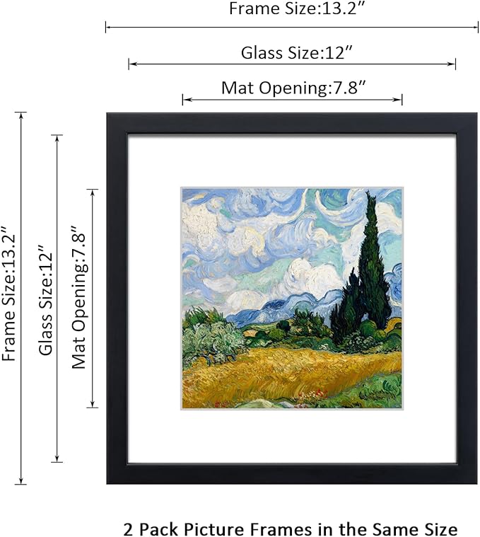 12x12 Picture Frame Set of 2 Made of Solid Wood Photo Frame with Real Glass for Pictures 8x8 with Mat or 12x12 Without Mat,Wall Mount or Tabletop Gallery Photo Frames in Black