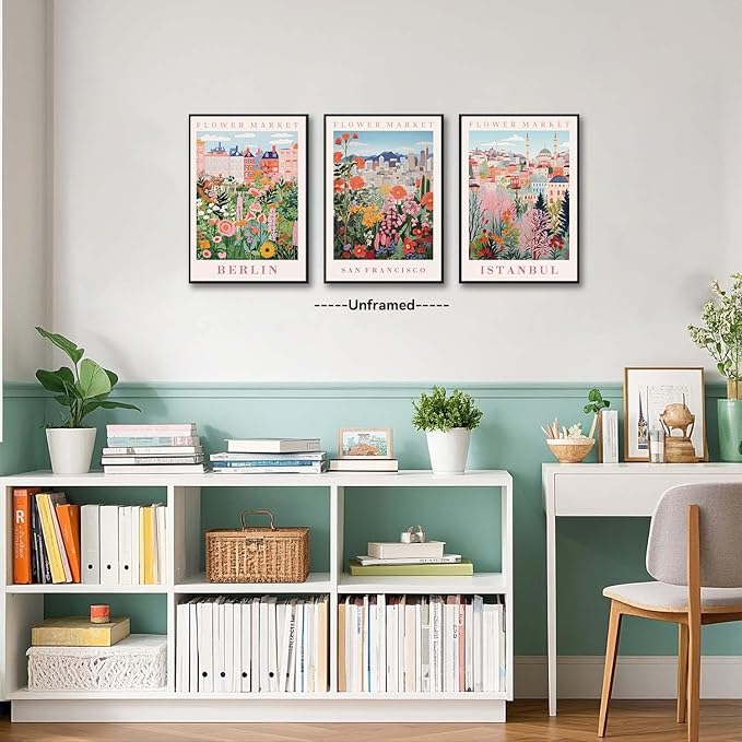 XLARTMY Flower Market Wall Art Prints Canvas Orange and Pink Floral Paintings Colorful Botanical Travel Flower Posters for Home Decor Pictures Set of 3 for Living Room Bedroom 16x24in Unframed
