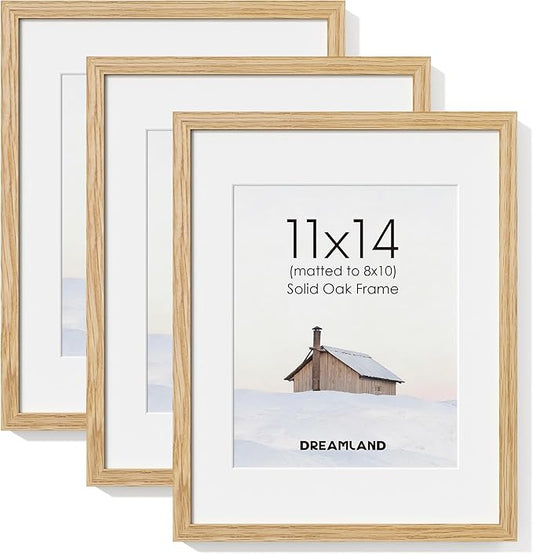 Dreamland 11x14 Picture Frame, Solid Oak Wood Photo Frame with Mat for 8x10, 11 x 14 Matted Picture Frames with Resistant Plexiglass for Wall Art Photo and Prints, Oak Color, Set of 3