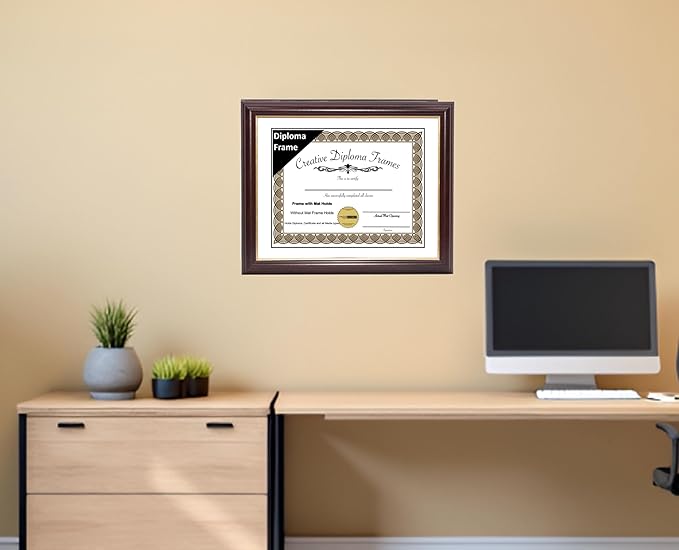 Creative Picture Frames 14x12 Mahogany Gold Rim Diploma Frame with White Mat Glass and Installed Wall Hangers | Frame Holds 14x18 Media without Mat
