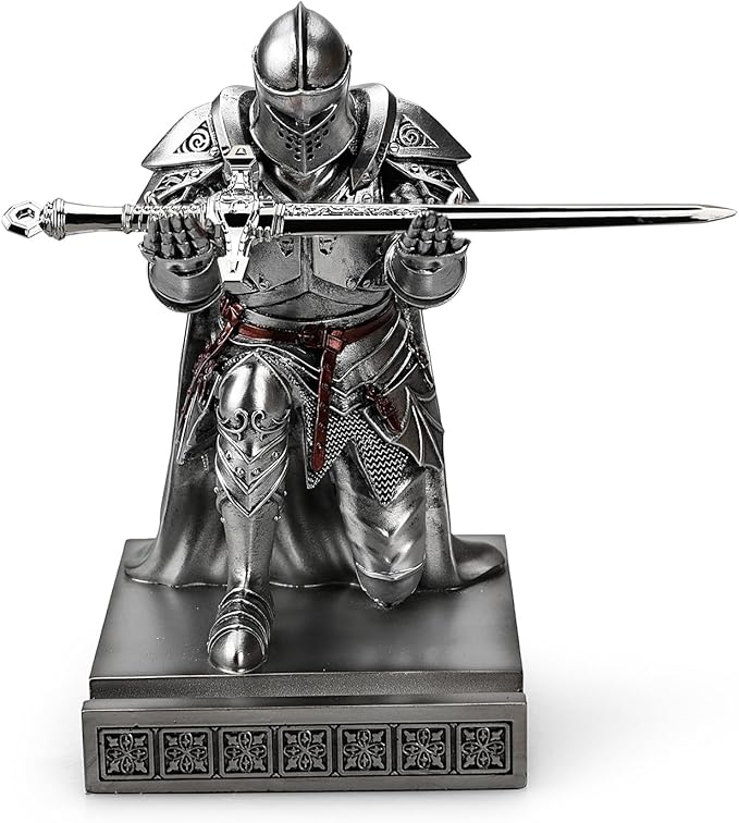 King's Guard Leader Cloak Warrior Knight Pen Holder Mobile Phone Stand, Ornament Knight Statue, Pen Stand Paperweight for Office and Home (Silver)