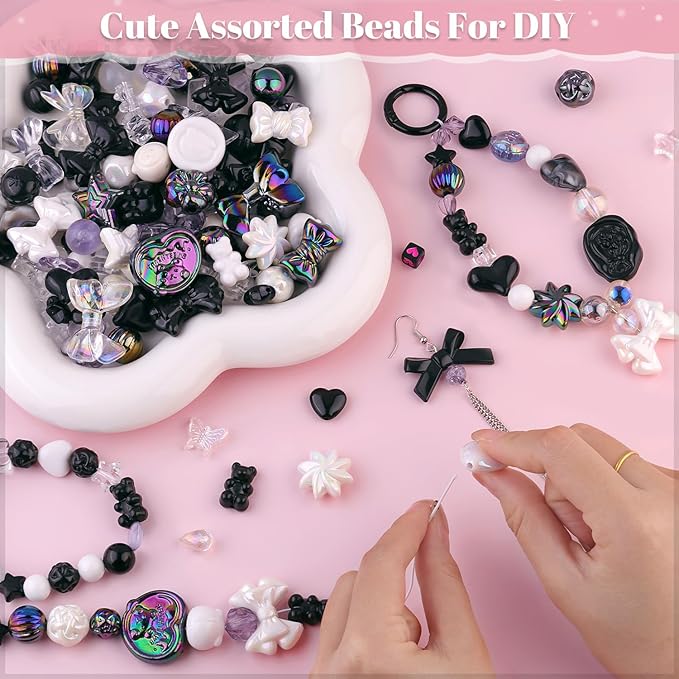 200-260PCS TINKRSTUFF Assorted Acrylic Beads Black Cute Beads for Bracelet Making, Flower Bow Butterfly GummyBear Kawaii Charms, Aesthetic Bead for Necklace Keychain Jewelry Making DIY Phone Charm