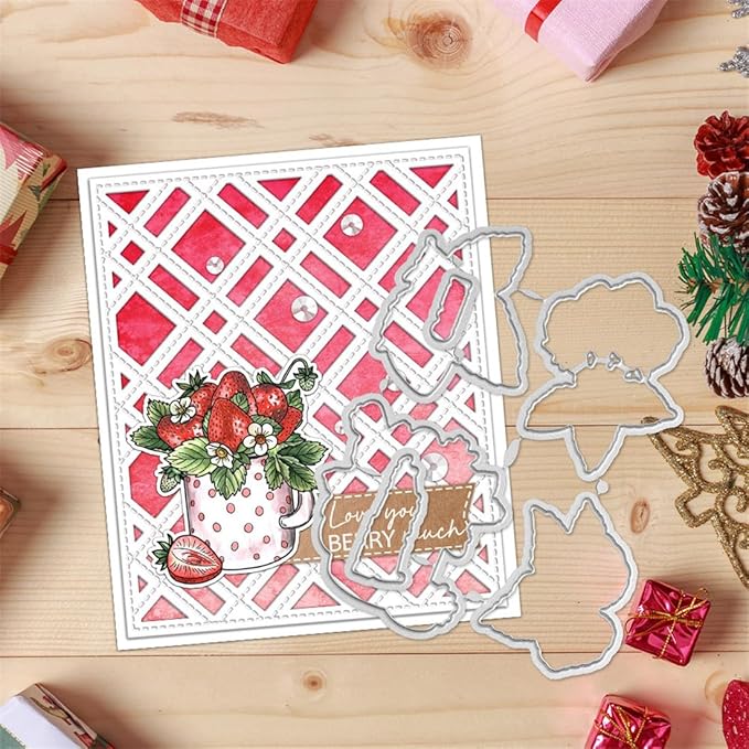 Strawberry Cup Stamps and Cutting Dies for Card Making DIY Transparent Silicone Clear Stamp and Metal Die Cuts Sets for Scrapbooking Paper Greeting Cards Decor Seals Craft Supplies