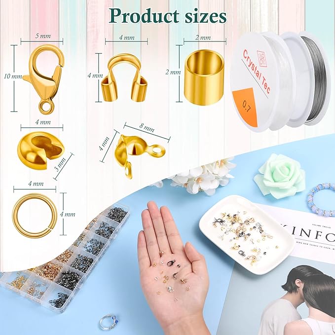 Acejoz 2160 Pieces Crimp Beads Kit for Jewelry Making, Knot Covers, Crimp Bead Covers, Crimp Tubes, Jump Rings and Wire Guardians with Crimping Pliers, Elastic String for Bracelets Necklaces Making