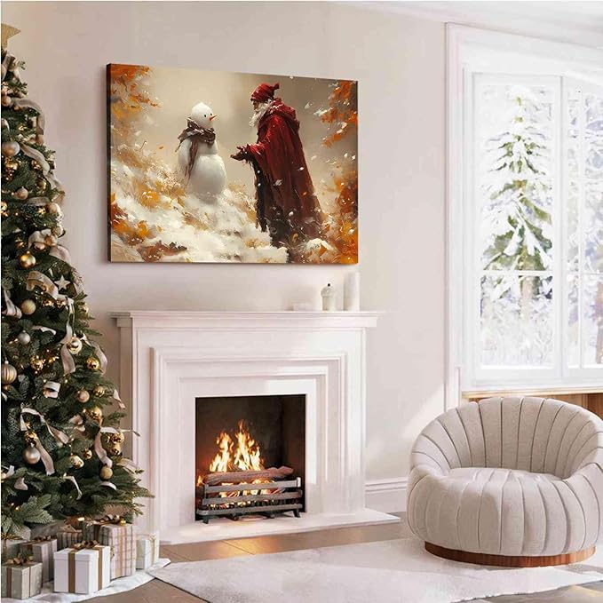 Vintage Christmas Canvas Painting Santa with Snowman Christmas Character Canvas Wall Art Holiday Winter Poster Indoor Decor for Home Offices Living Room Bedroom Dining Room Framed Ready to Hang