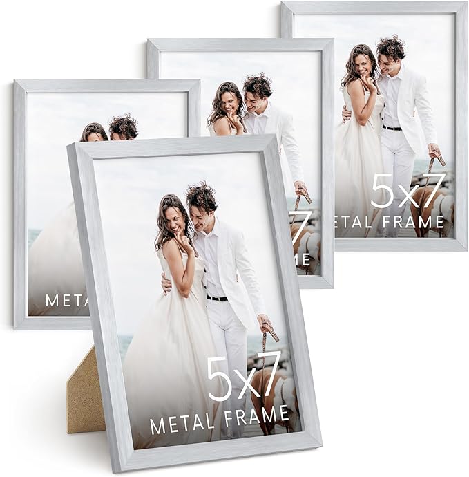 HAUS AND HUES 5x7 Silver Metal Picture Frames - Photo Frames 5X7 - Features Premium Aluminum, Vertical Hanging, Easel Back for Tabletop, Home, Office (5x7 in, Silver, Set of 4)