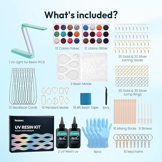 Resiners Resin Kit, Jewelry Making Kit, 190Pcs Highly Clear Resin with UV Light, Resin Accessories for Jewelry Making Keychains, Earring, Necklace DIY Crafts