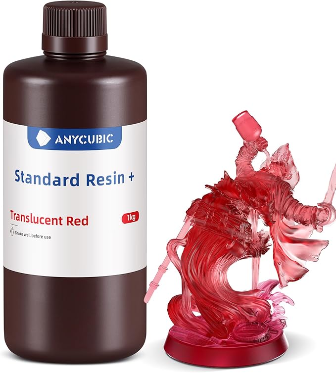 ANYCUBIC Standard 3D Printer Resin Plus, 405nm SLA Fast UV-Curing Resin, High Precision & Rapid Photopolymer for 8K/14K/16K Capable LCD/DLP/SLA 3D Printing (Clear Red, 1000g)