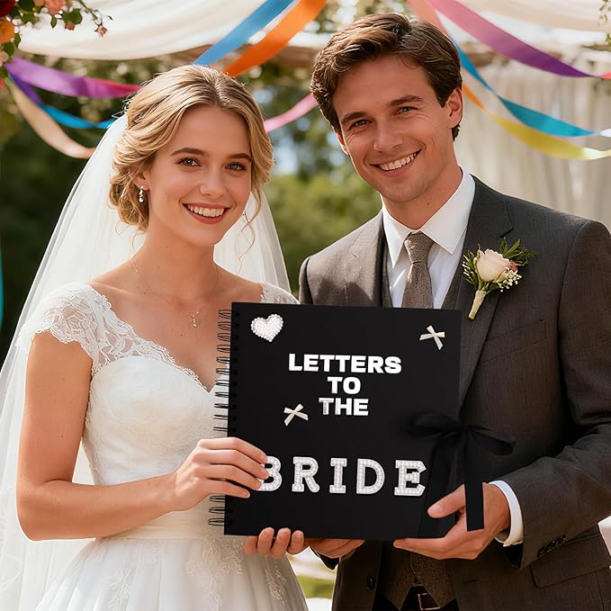 BINBE 10 x 10 Inch Letters to The Bride Scrapbook Kit DIY Blank Paper Scrapbook Photo Album Wedding Memory Book Bridal Guest Book Sign with Pearl Stickers, Letter Patches, Bows Black
