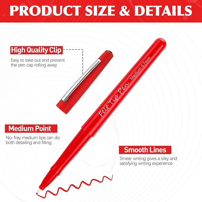 96 Pcs Red Felt Tip Pens 0.7mm Medium Point Pens Bulk, Felt Tip Markers for Journaling, Writing, Note Taking, Planner, Ideal for Office School Art Supplies Gift