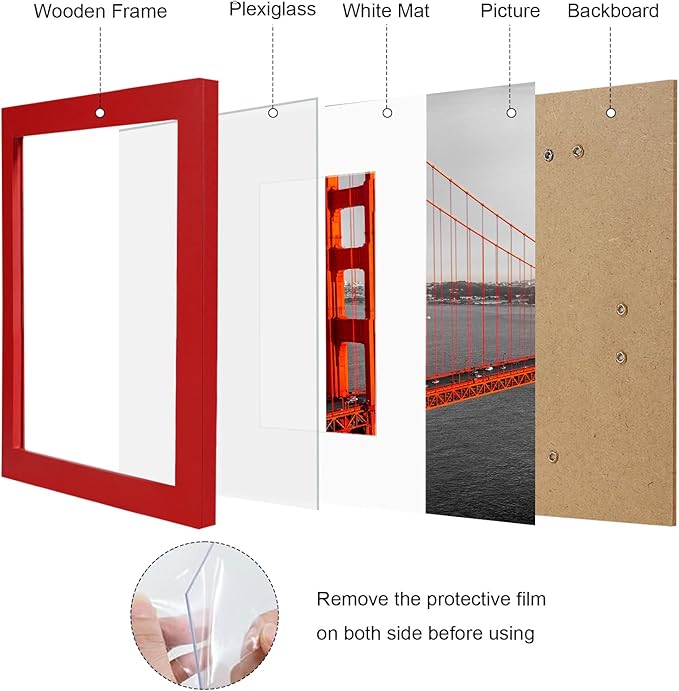 8x10 Picture Frame Set of 9, Display Pictures 5x7 with Mat or 8 x 10 Without Mat, Multi Photo Frames for Wall Mounting or Table Top Display, Red