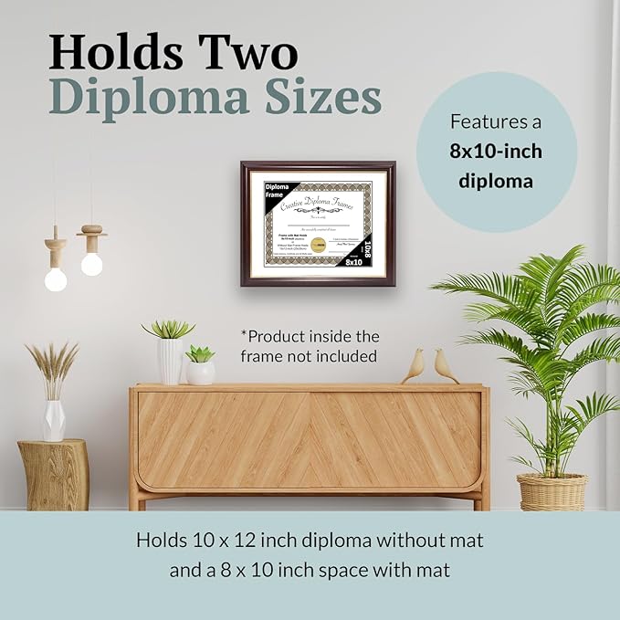 Creative Picture Frames 8x10 Mahogany Gold Rim Diploma Frame with White Mat Glass Easel and Installed Wall Hangers | Frame Holds 10x12 Media without Mat