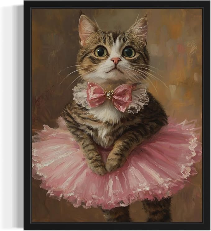 Ballerina Cat Art Poster Print, Cat Kitten Painting Humor Portrait Pet Artwork Decor Gallery A8 (Ballerina Cat, 8 x 10 inches, Black Frame)