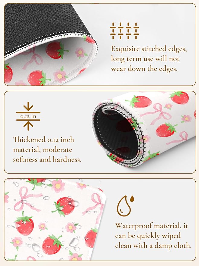 Cute Pink Mouse Pad,Waterproof Aesthetics Bowsknot Mouse Pads Design, Non-Slip Rubber Base Computer Simple Funny Mousepad,Small Mouse Mat Desk Accessories Office Supplies,Red Strawberry Bow