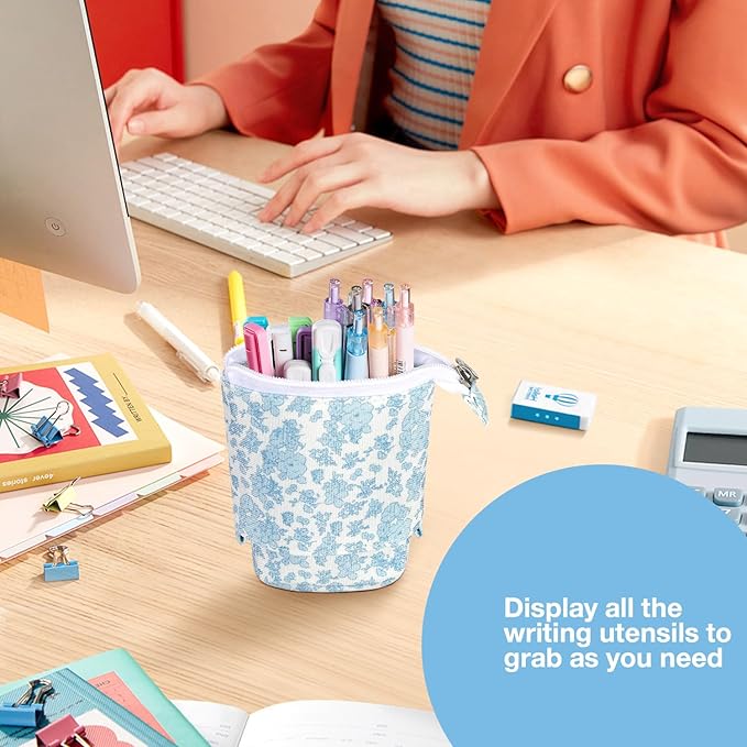Cute Standing Pencil Case Pen Holder for Kids, Pop Up Stand UP Bubble Tea Pen Organizer Kawaii Stationary for Christmas Holiday New Year Office (Blue flowers)