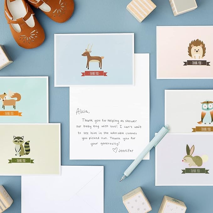 Best Paper Greetings Baby Shower Thank You Cards with Envelopes - Funny Woodland & Cute Animal Designs - Premium Cardstock Greeting Cards with Adhesive Envelopes - 6 Designs, Pack of 48, 4 x 6 In