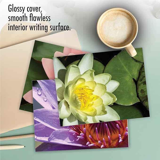 The Best Card Company - 10 Blank Note Cards with Flowers (4 x 5.12 Inch) - Floral Notecards, All Occasion Boxed Assortment - Lily Pond M3070